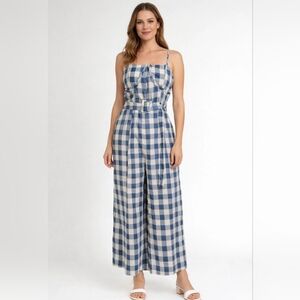 Blue White Checked Wide Leg Jumpsuit Underwire Bust Belt Pockets Straps Sz M NWT